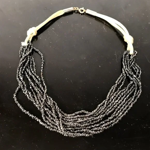 Vintage Silk Hematite Choker Beaded Necklace 9 Strand  Formal Evening - Picture 3 of 5
